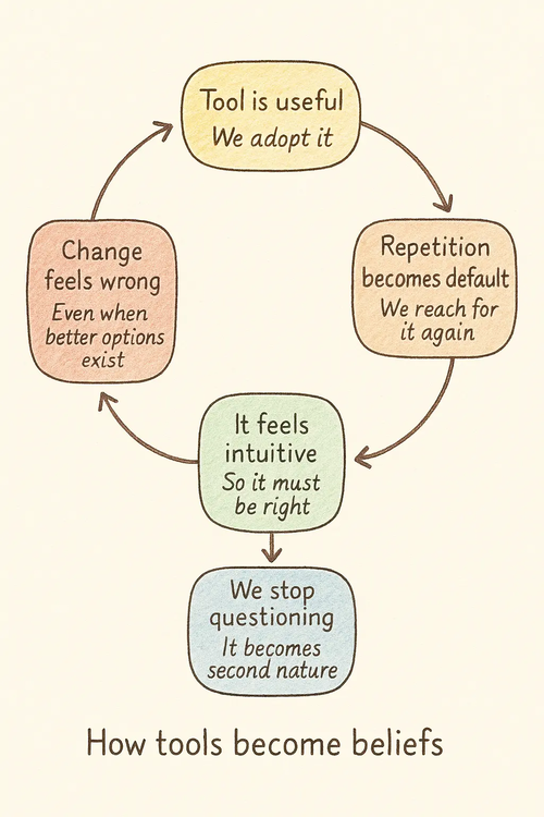 Hand-drawn diagram showing how tools become beliefs