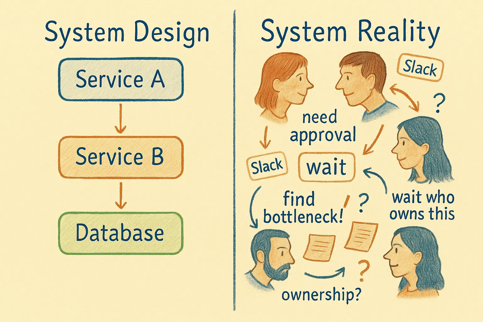 Split colored pencil illustration. Left side shows a clean system design diagram with boxes and arrows. Right side shows a chaotic tangle of people, Slack messages, approvals, and question marks.
