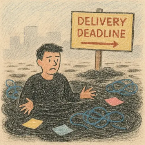 A developer stuck chest-deep in tar with sticky notes and cables floating, while a sign above says 'DELIVERY DEADLINE'