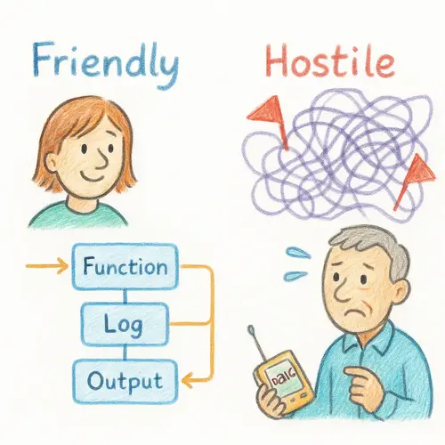 A hand-drawn illustration comparing a friendly system — with a smiling junior developer and a clean flow from Function to Log to Output — to a hostile, tangled system.